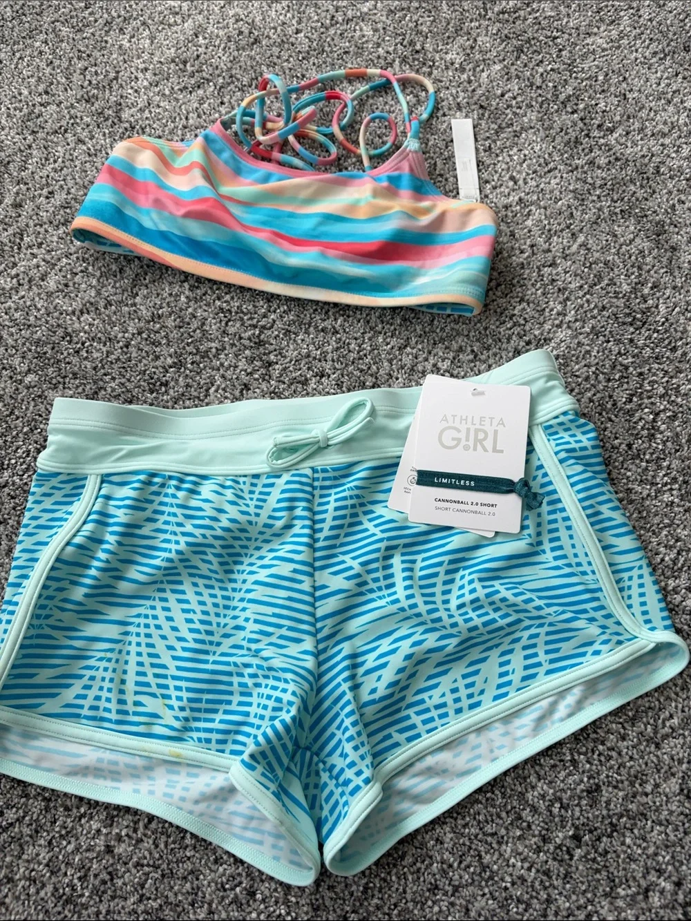 Athleta Girls' Aqua Wave Pattern Two-Piece Swim Set with Multi-Color Straps